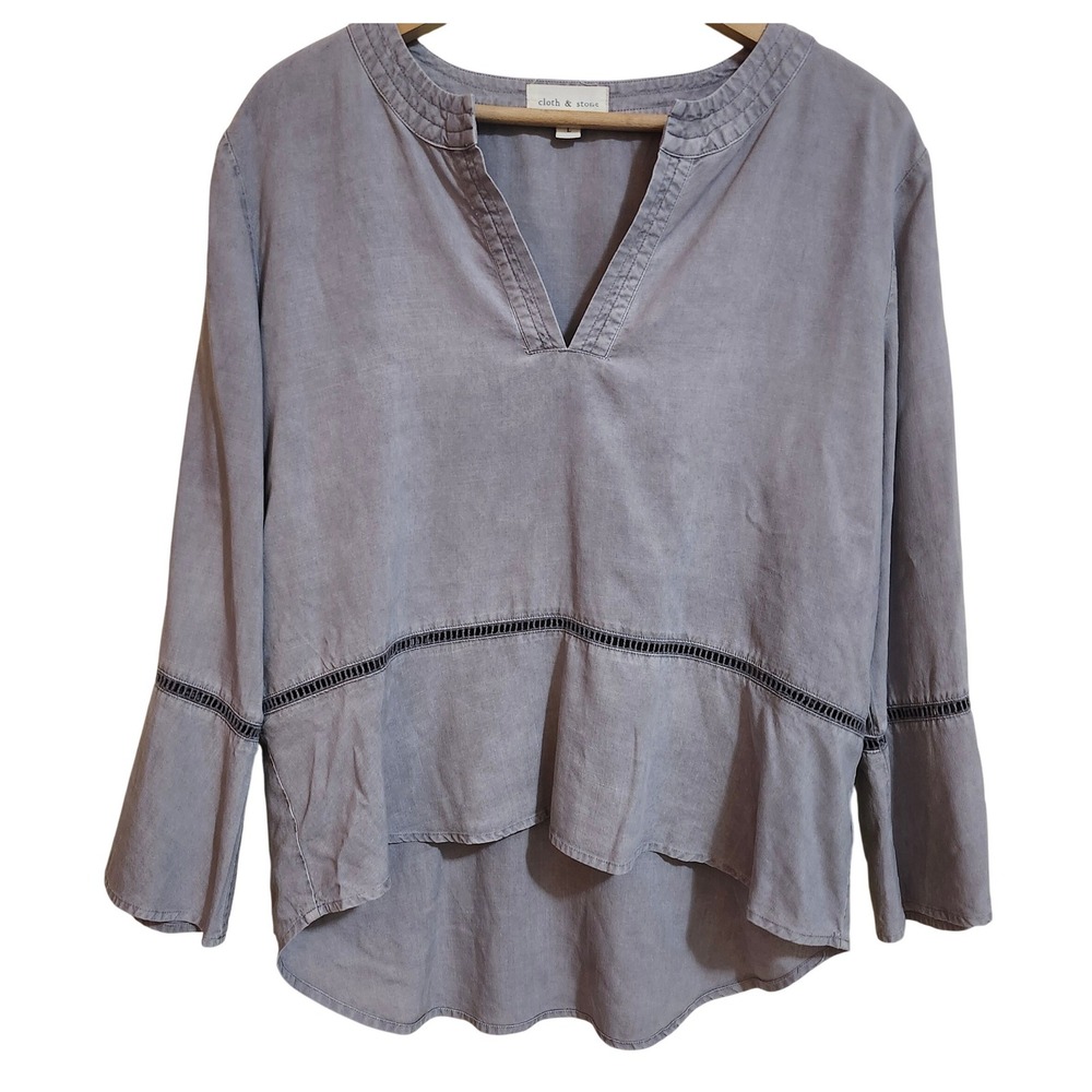 Cloth & Stone Tencel Blouse Womens Large Gray V-Neck Crochet Inset C2250-654-303